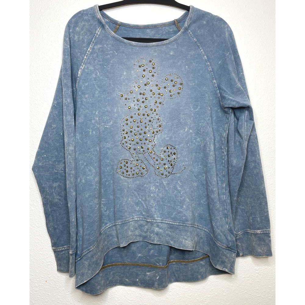 Disney Women Sweatshirt Mickey Mouse Studded Relaxed Fit Blue L
